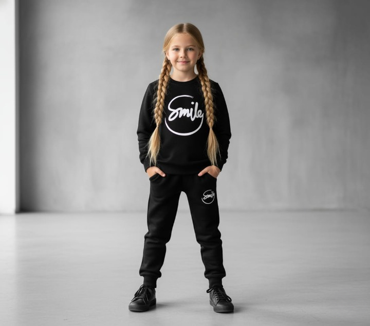 Girl wearing Smile Kids Black Track Suit – Braids Front View