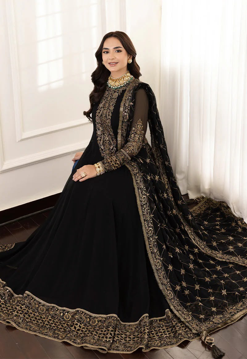 Loban black embroidered chiffon maxi – model seated with dupatta spread