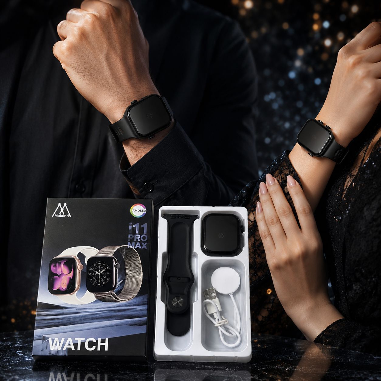 i11 Pro Max Smart Watch worn by man and woman with box