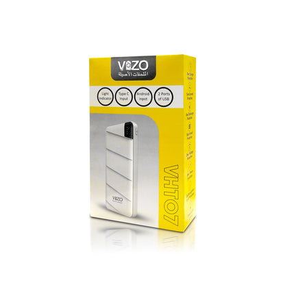 VIZO VHT-07 White Power Bank – Box Side View with Feature Icons