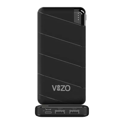 VIZO VHT-07 Black 10000mAh Power Bank – Front View with Dual USB & Type-C Ports