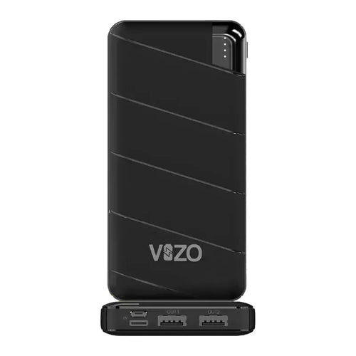 VIZO VHT-07 Black 10000mAh Power Bank – Front View with Dual USB & Type-C Ports