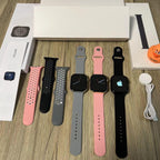 Series 9 smart watch unboxed showing multiple strap colors – pink, grey, black sport bands with mesh strap and charging cable