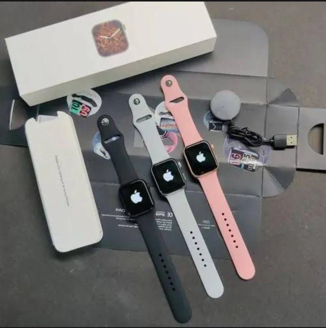 Series 9 smart watch four variants – navy, grey, black and pink sport bands showing colorful AMOLED watch faces