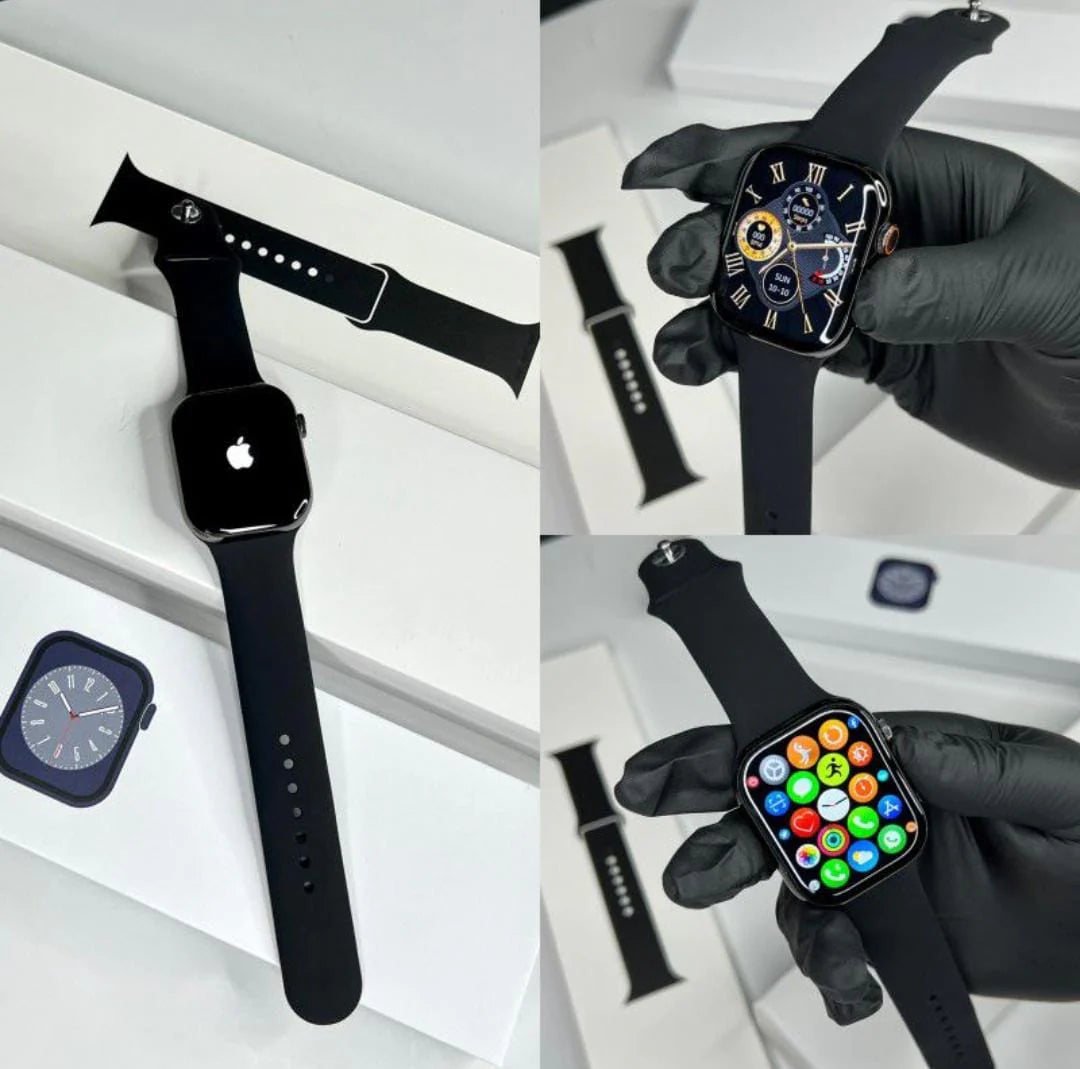 Series 9 smart watch five color variants – black, blue, white, pink and olive green sport bands with active watch faces