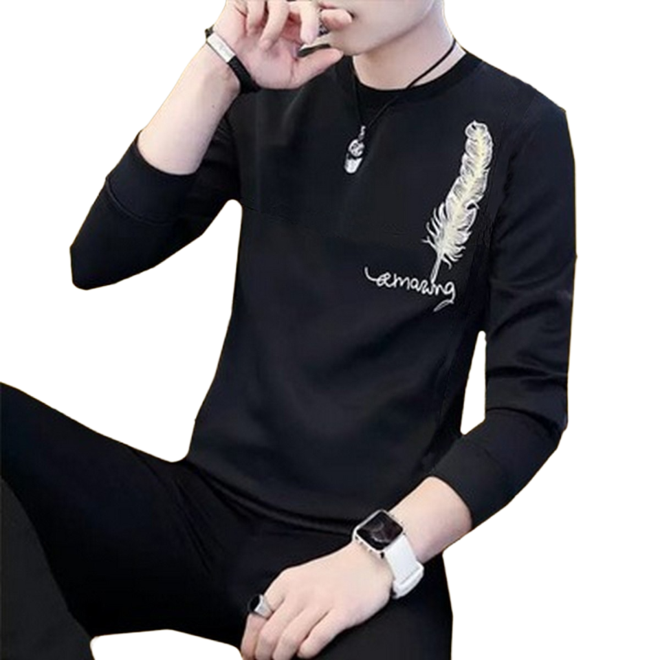 Men's black feather embroidery sweatshirt - clean white background