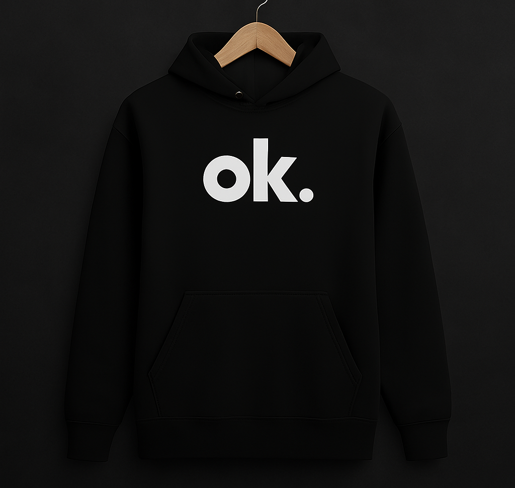 ok. Black Hoodie – Front View on Hanger