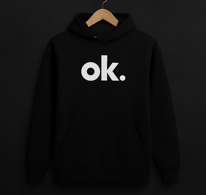 ok. Black Hoodie – Front View on Hanger