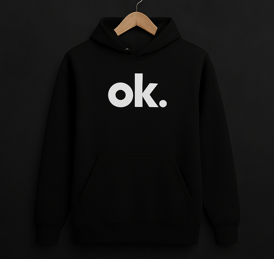 ok. Black Hoodie – Front View on Hanger
