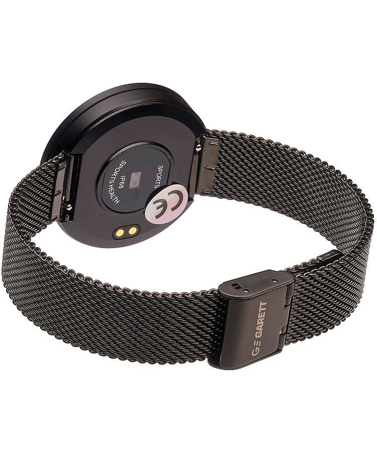 Ladies smart watch back view showing IP68 rating, magnetic charging pins and mesh strap clasp