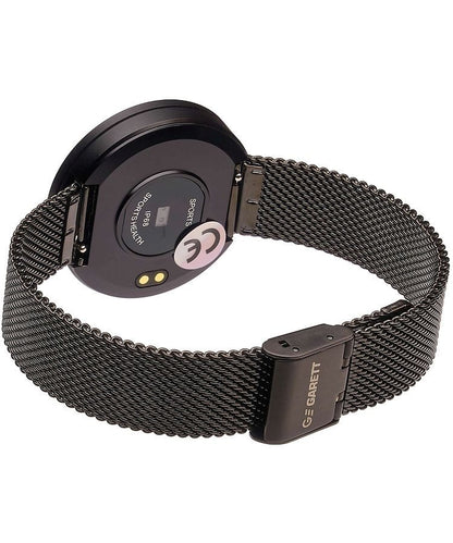 Ladies smart watch back view showing IP68 rating, magnetic charging pins and mesh strap clasp
