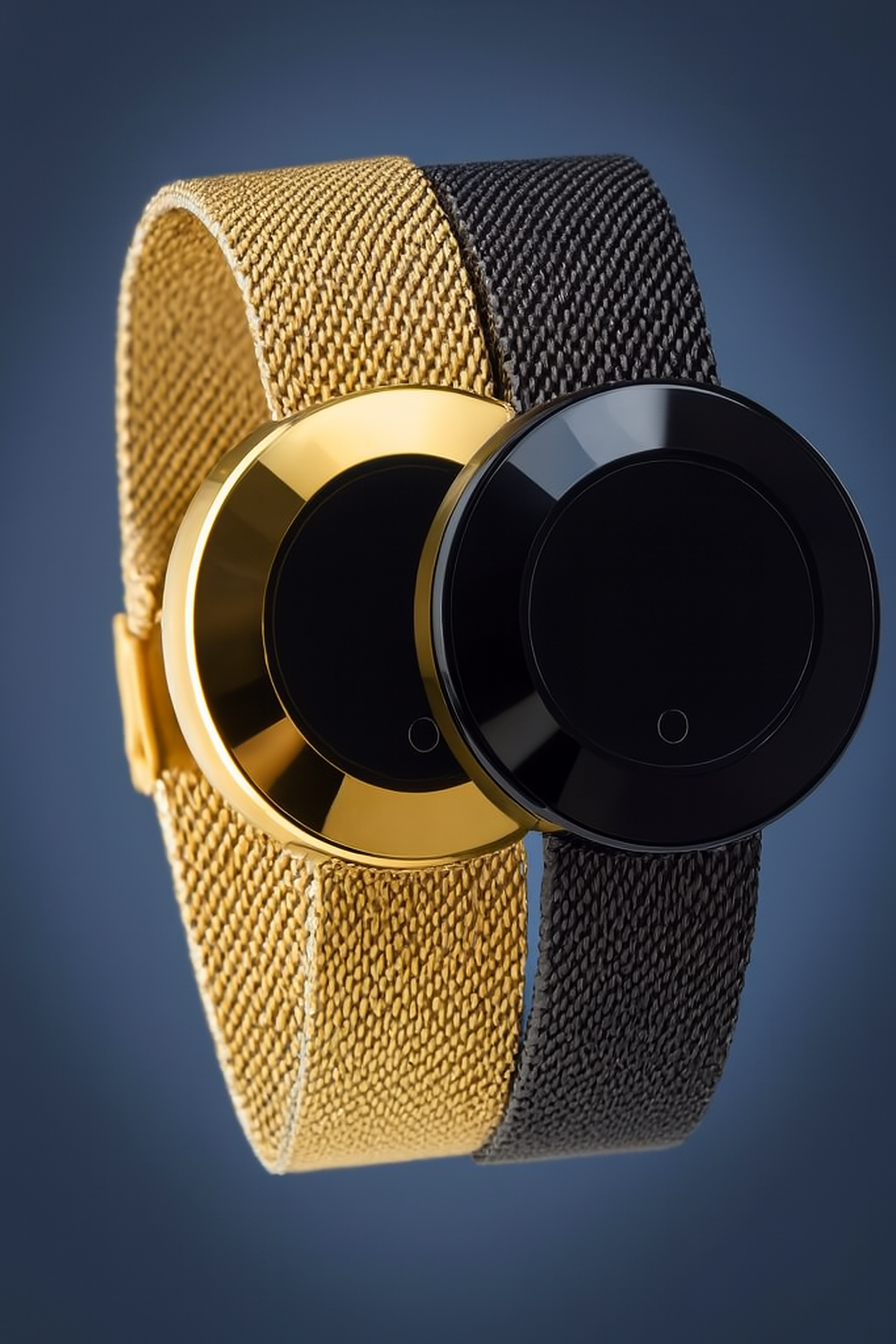 Ladies smart watch black and gold editions side by side – showing both color variants on mesh straps