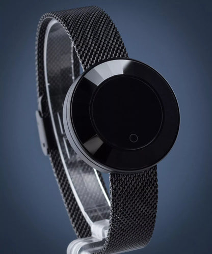 Ladies smart watch black edition – sleek round dial on premium black mesh strap against blue background