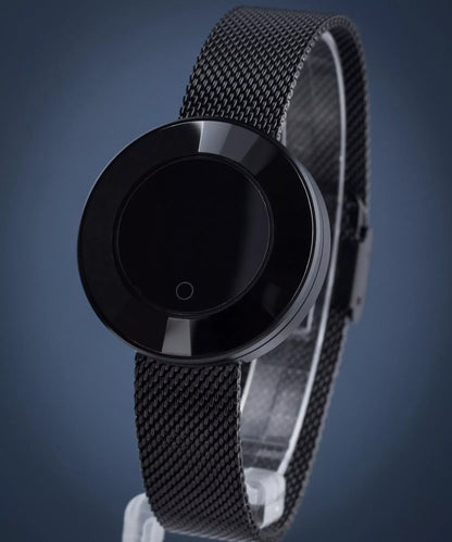 Ladies smart watch black edition – front angle view showing minimalist round dial and mesh strap