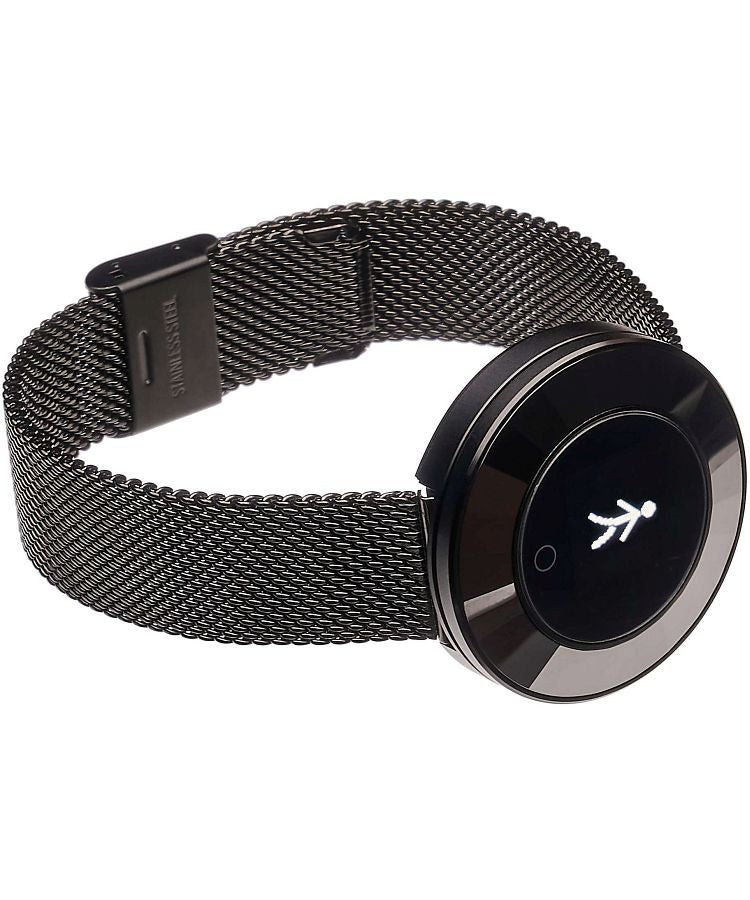 Ladies smart watch side view showing round touch display with activity icon on black mesh strap