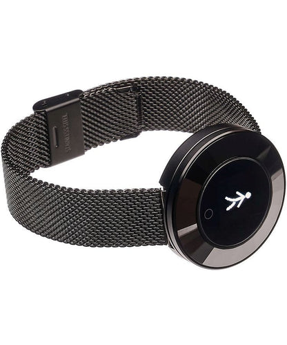 Ladies smart watch side view showing round touch display with activity icon on black mesh strap