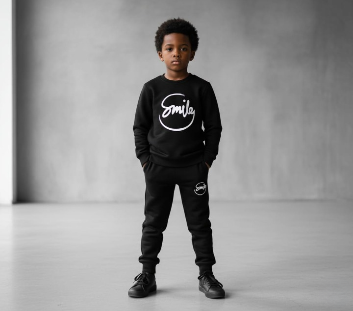 Boy wearing Smile Kids Black Track Suit – Full Body