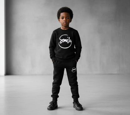 Boy wearing Smile Kids Black Track Suit – Full Body