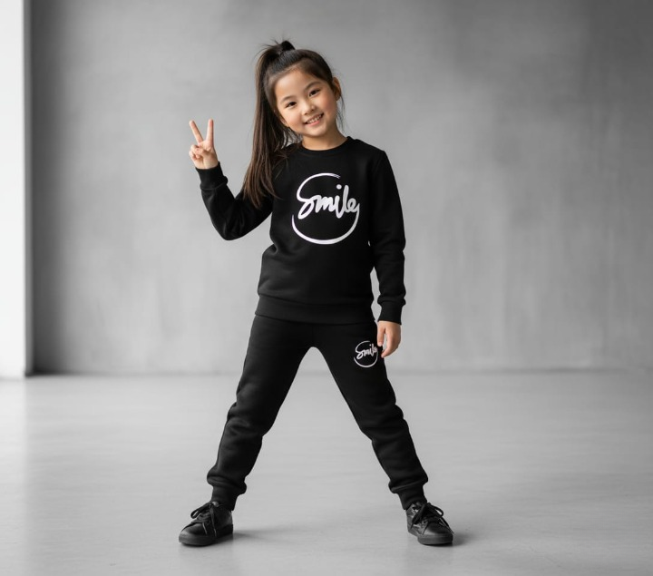 Girl wearing Smile Kids Black Track Suit – Peace Sign Pose