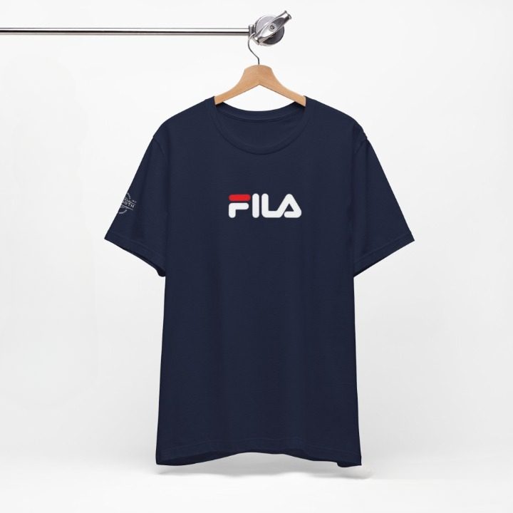 FILA Navy Blue Printed Round Neck T-Shirt on wooden hanger – front product shot showing FILA logo print on chest and signature sleeve detail on white background