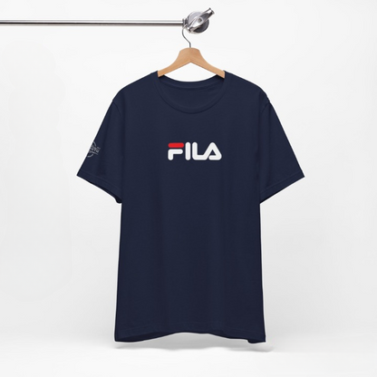 FILA Navy Blue Printed Round Neck T-Shirt on wooden hanger – front product shot showing FILA logo print on chest and signature sleeve detail on white background