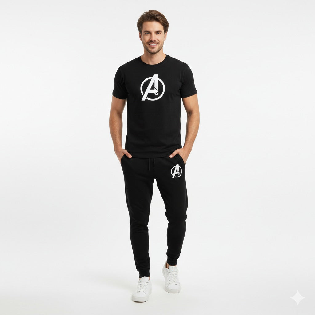 Avengers Track Suit – Maroon T-Shirt with Black Jogger – Flat Lay