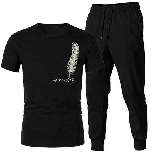 Amazing Feather Print Black Track Suit – T-Shirt and Jogger Set