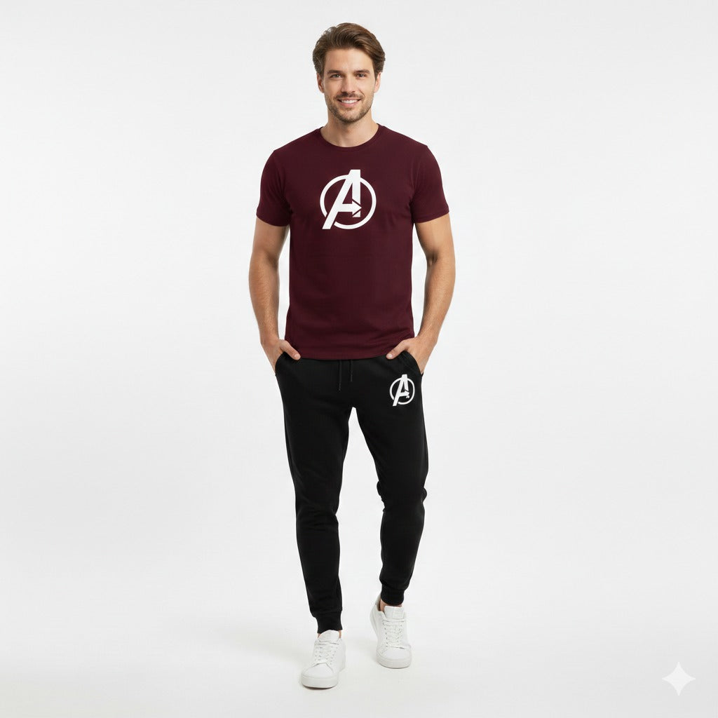 Avengers Track Suit – Blue T-Shirt with Black Jogger – Model Action Pose