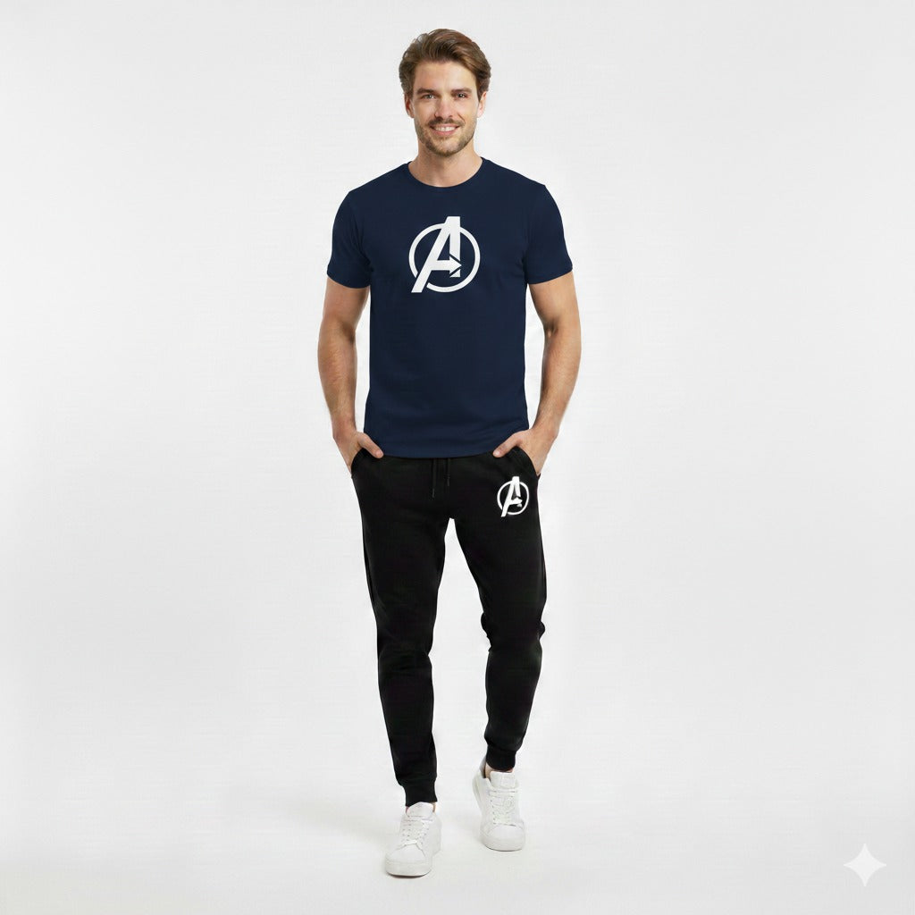 Avengers Track Suit – Blue T-Shirt with Black Jogger – Flat Lay