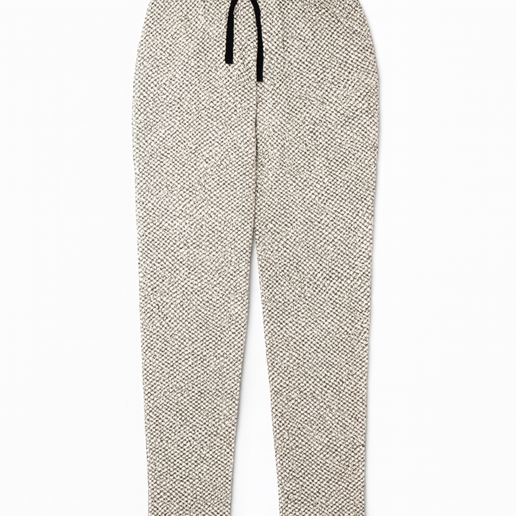 Men's geometric print drawstring trousers on white background – full length front view product shot