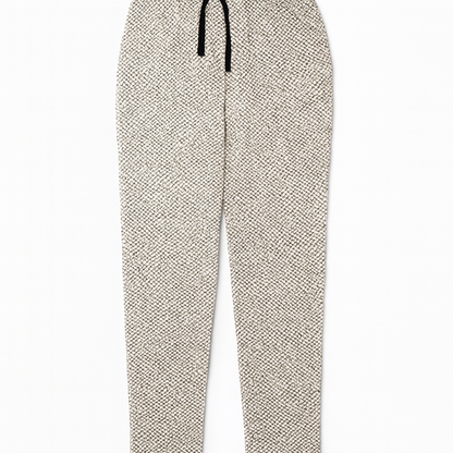 Men's geometric print drawstring trousers on white background – full length front view product shot