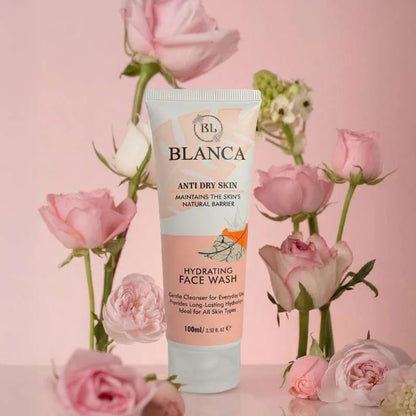 Blanca Anti Dry Skin Hydrating Face Wash 100ml with pink roses on pink background – premium lifestyle shot