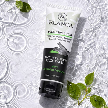 Blanca Pollution D-Toxx Face Wash floating in water with green leaves fresh lifestyle shot