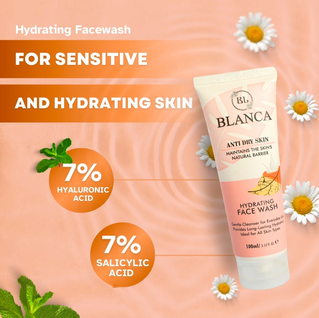 Blanca Anti Dry Skin Hydrating Face Wash 100ml infographic showing 7% Hyaluronic Acid and 7% Salicylic Acid with daisies on peach background