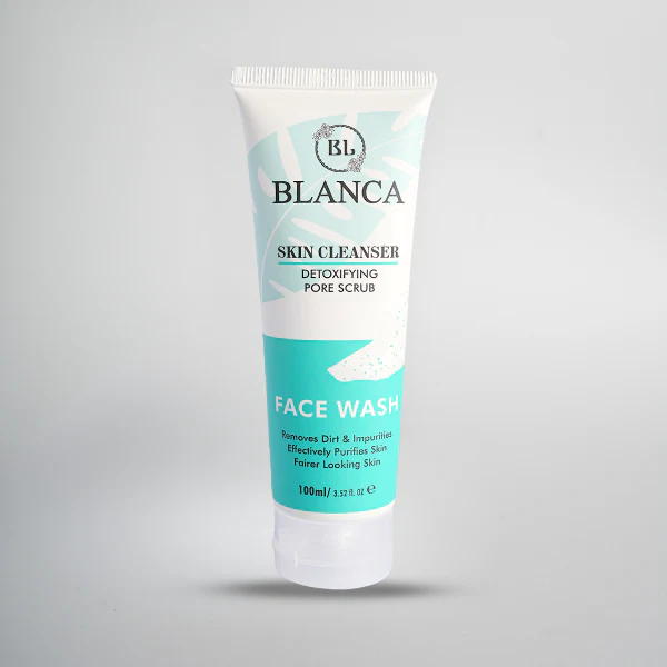 Blanca Skin Cleanser Face Wash 100ml held in hand showing label – infographic with AM & PM usage instructions on blue background