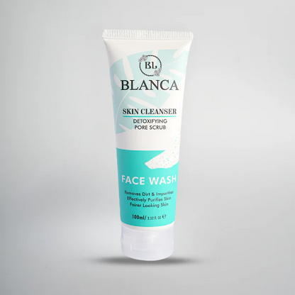 Blanca Skin Cleanser Face Wash 100ml held in hand showing label – infographic with AM & PM usage instructions on blue background