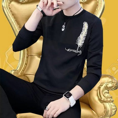 Men's black feather embroidery sweatshirt - front view with golden background