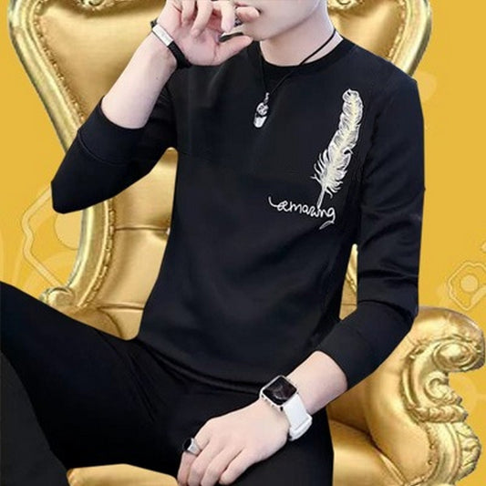 Men's black feather embroidery sweatshirt - front view with golden background