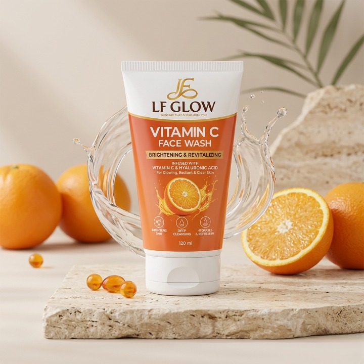 LF Glow Vitamin C Face Wash 120ml tube with water splash and oranges on beige background – premium lifestyle shot