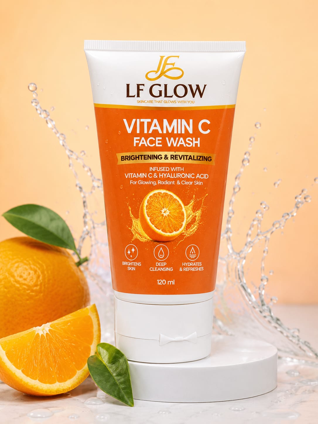 LF Glow Vitamin C Face Wash 120ml tube on white podium with orange slices and water splash on orange background
