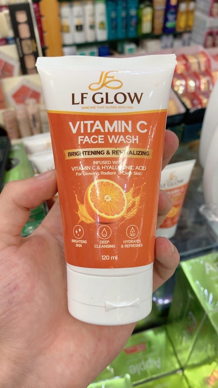 LF Glow Vitamin C Face Wash 120ml tube held in hand in store – close up showing front label clearly