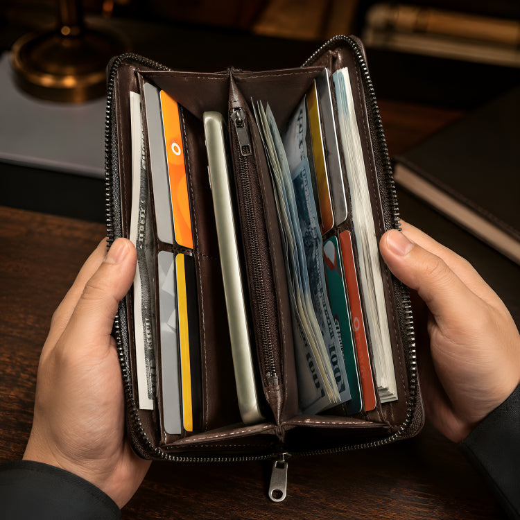 Baellerry Premium Long Leather Wallet in Light Brown held open showing outer card holder with ID card and multiple card slots – detail shot