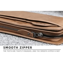 Baellerry Premium Long Leather Wallet in Light Brown close up showing smooth gold zipper teeth detail with SMOOTH ZIPPER label