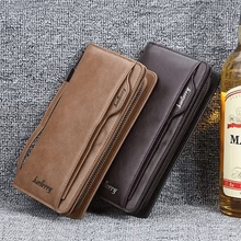 Baellerry Premium Long Leather Wallet in Dark Brown open showing 15 card slots inner zipper pocket and cash compartments filled with cards and notes