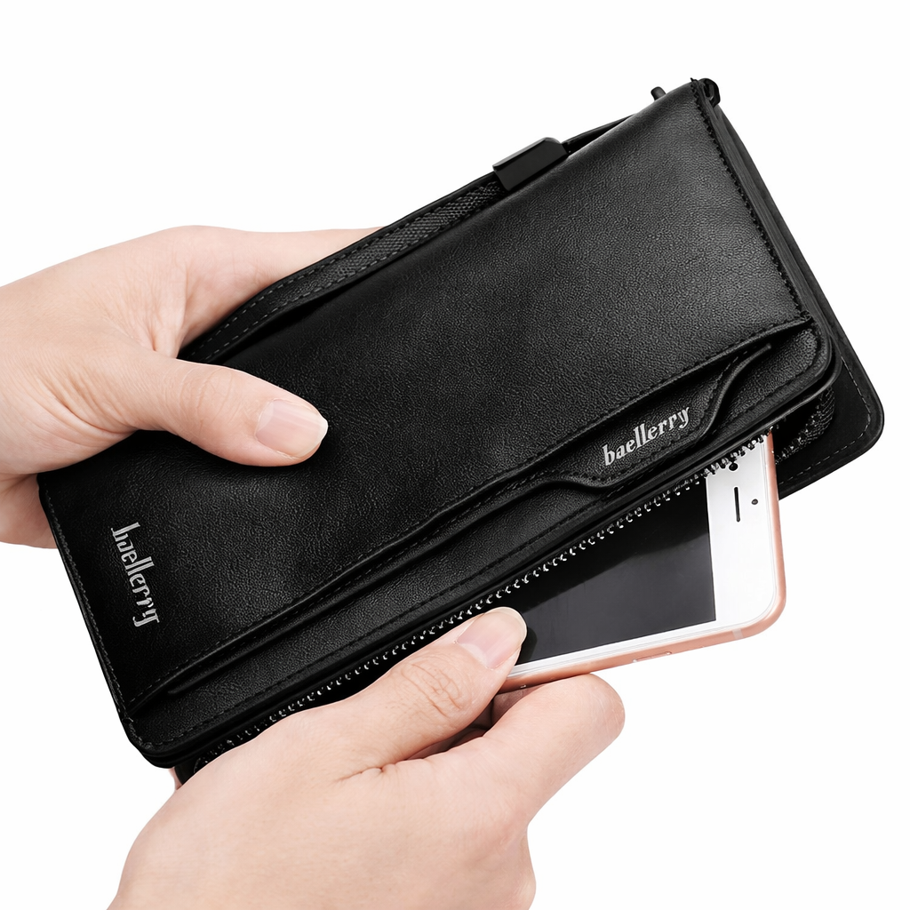 Baellerry Premium Long Leather Wallet in Light Brown held in hands showing outer card holder with ID card and multiple card slots
