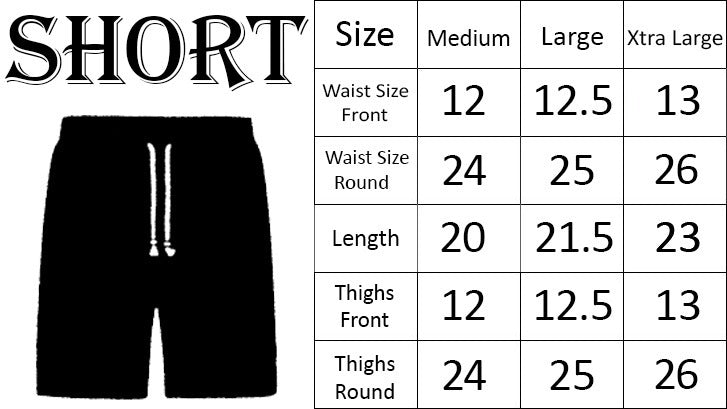 Shorts size chart medium large XL waist length thighs measurements