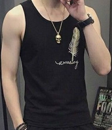 Amazing feather print sando close up embroidered gold feather design
