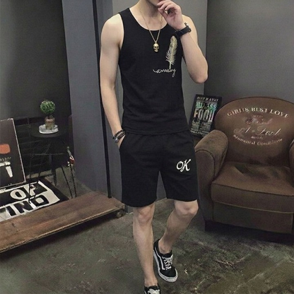 Man wearing amazing feather print sando and shorts summer set full outfit