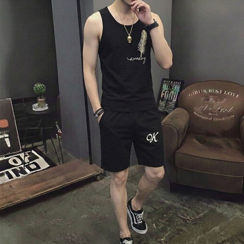 Man wearing amazing feather print sando and shorts summer set full outfit