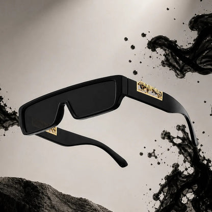 Black rectangular sunglasses dramatic floating shot with black ink splash background